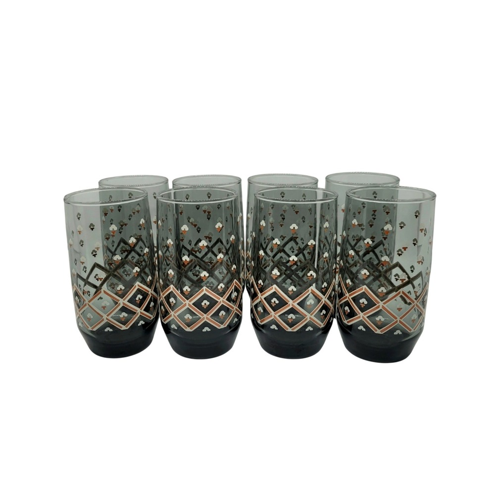 Set of 8 Vintage Libbey Apollo Smoky Gray Highball Glasses MCM Geometric Orange